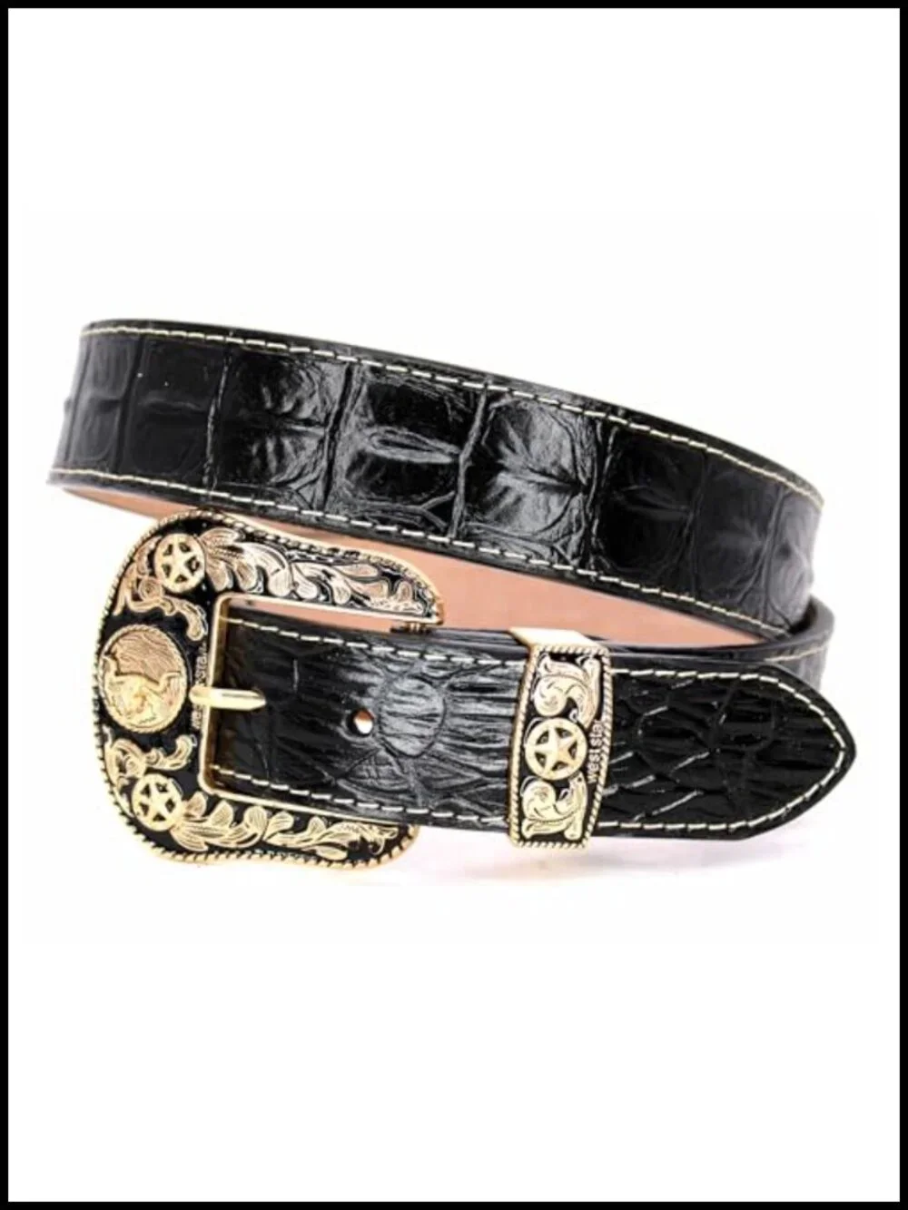 Men's Genuine Leather Western Belt with Engraved Buckle, Removable, Rodeo